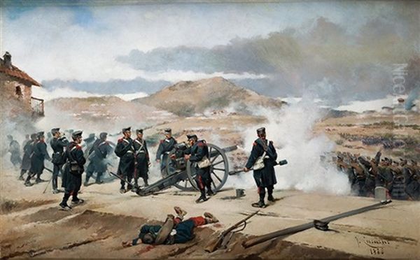 Fuerzas De Artilleria En La Batalla De Somorrostro Oil Painting by Josep (Jose) Cusachs y Cusachs