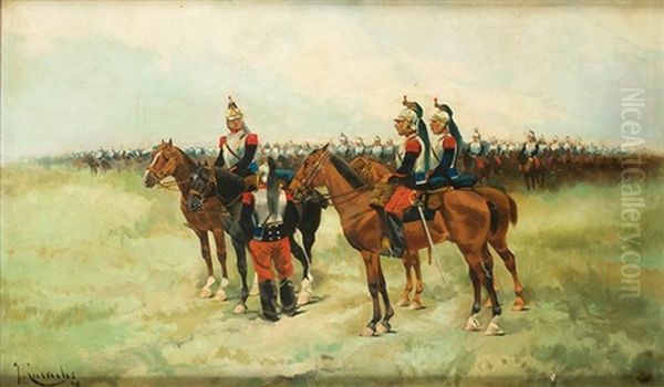 Soldados De Infanteria, 1890 Oil Painting by Josep (Jose) Cusachs y Cusachs