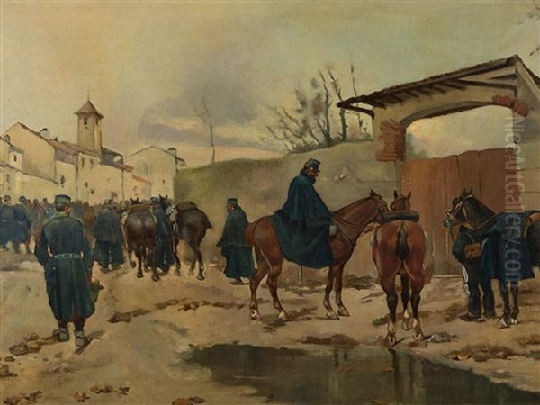 Retreating Troops Oil Painting by Josep (Jose) Cusachs y Cusachs