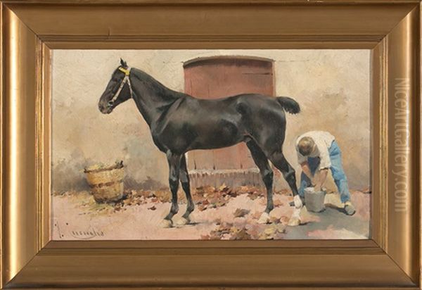 Caballo Con Su Cuidador Oil Painting by Josep (Jose) Cusachs y Cusachs