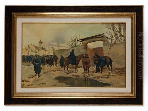 Retreating Troops Oil Painting by Josep (Jose) Cusachs y Cusachs