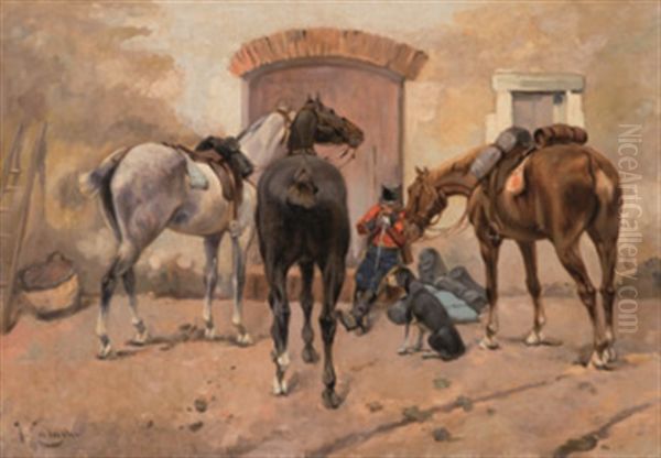 El Descanso De Los Caballos Oil Painting by Josep (Jose) Cusachs y Cusachs