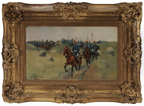 Two Cavalry Regiments On A Hilltop Oil Painting by Josep (Jose) Cusachs y Cusachs