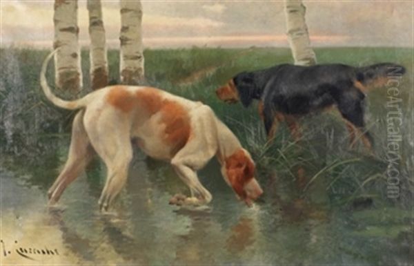 Perros De Caza Oil Painting by Josep (Jose) Cusachs y Cusachs