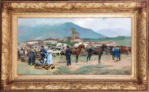 Entrada Del Pueblo Con Soldados Y Caballos En El Mercado Oil Painting by Josep (Jose) Cusachs y Cusachs