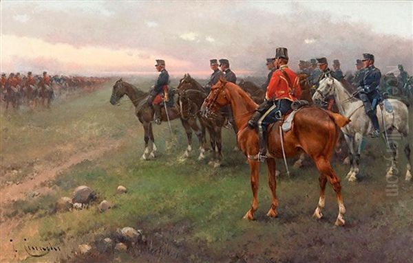 Militares A Caballo Oil Painting by Josep (Jose) Cusachs y Cusachs