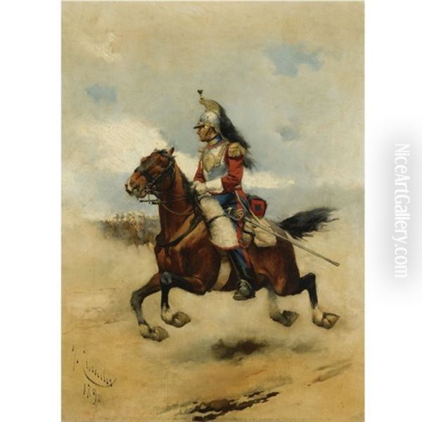 Oficial De Caballeria (charging Cavalry Officer) Oil Painting by Josep (Jose) Cusachs y Cusachs