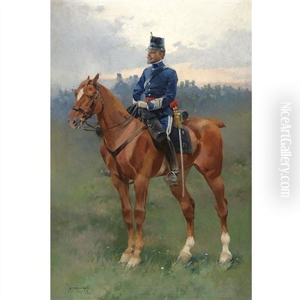 Jinete De Caballeria De Estado Mayor (soldier On Horseback) Oil Painting by Josep (Jose) Cusachs y Cusachs