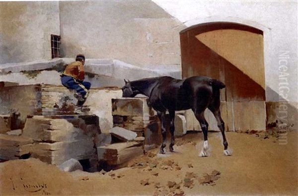 Patio De Cuadra (the Stable Yard) Oil Painting by Josep (Jose) Cusachs y Cusachs