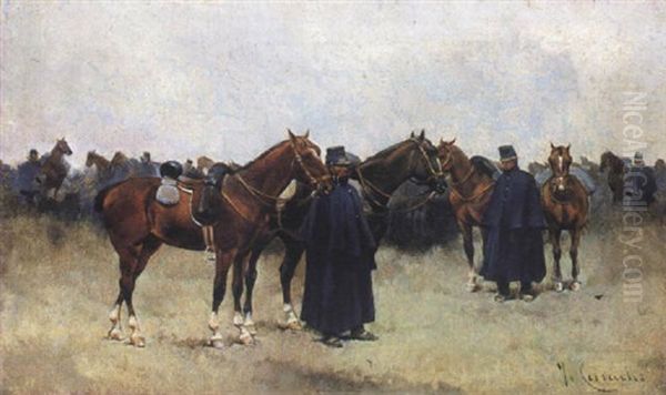 Soldados Con Caballos Oil Painting by Josep (Jose) Cusachs y Cusachs