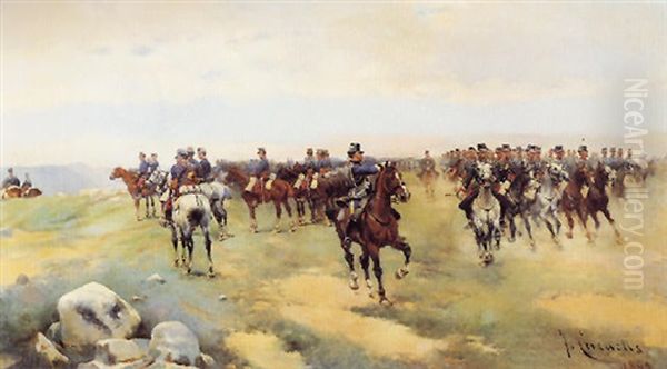 Militares A Caballo Oil Painting by Josep (Jose) Cusachs y Cusachs