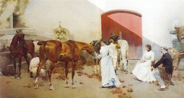 Cambiando Los Caballos Oil Painting by Josep (Jose) Cusachs y Cusachs