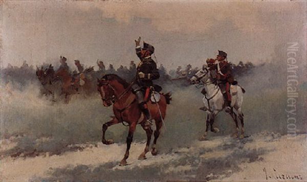 Militares A Caballo Oil Painting by Josep (Jose) Cusachs y Cusachs