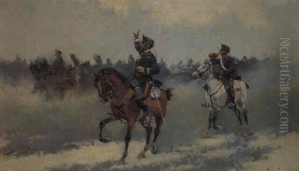 Militares A Caballo Oil Painting by Josep (Jose) Cusachs y Cusachs