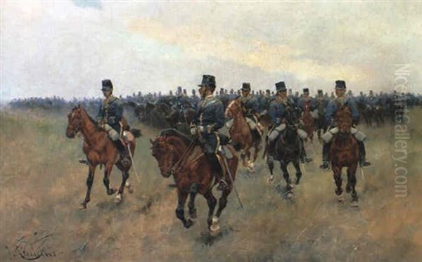 Mounted Cavalry Oil Painting by Josep (Jose) Cusachs y Cusachs