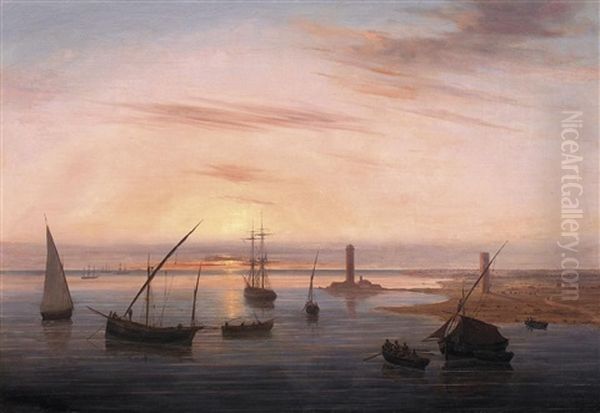 Abendstimmung An Der Kuste. Auf Dem Wasser Zahlreiche Vor Anker Liegende Segler Oil Painting by Alessandro Carlo Cusani