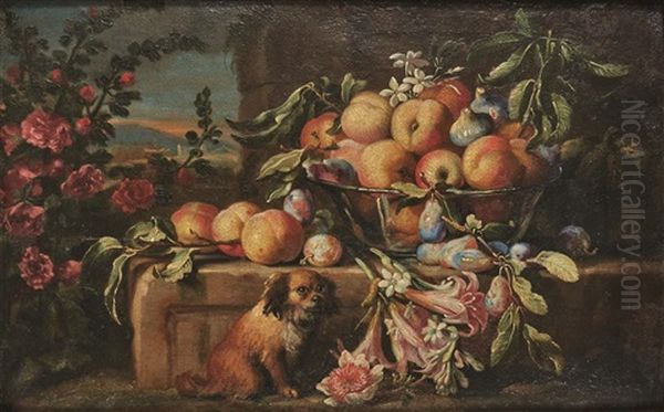 Nature Morte Aux Fleurs, Fruits Et Chien Oil Painting by Gaetano Cusati