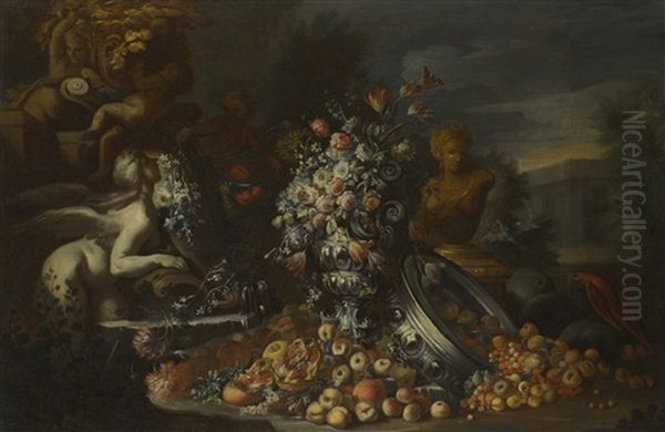 Flowers In A Vase, With Fruits Spilling From An Upturned Silver Bowl, Statues And A Parrot In An Italianate Landscape Oil Painting by Gaetano Cusati