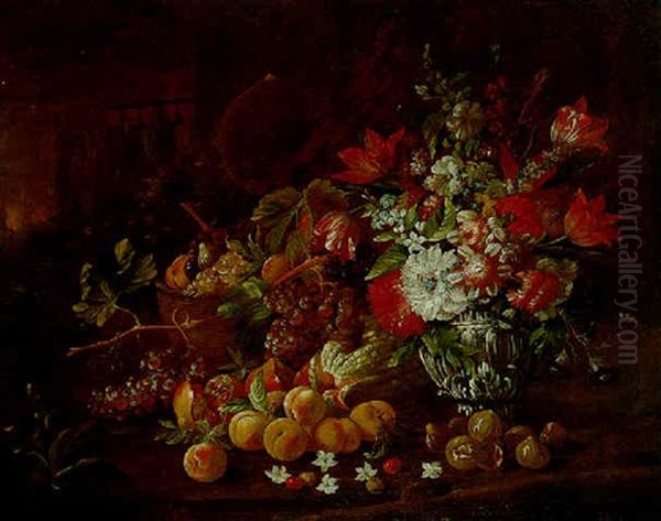 A Still Life Of Various Flowers In A Gilt Vase With A Basket Of Fruit, All Set In A Landscape Oil Painting by Gaetano Cusati