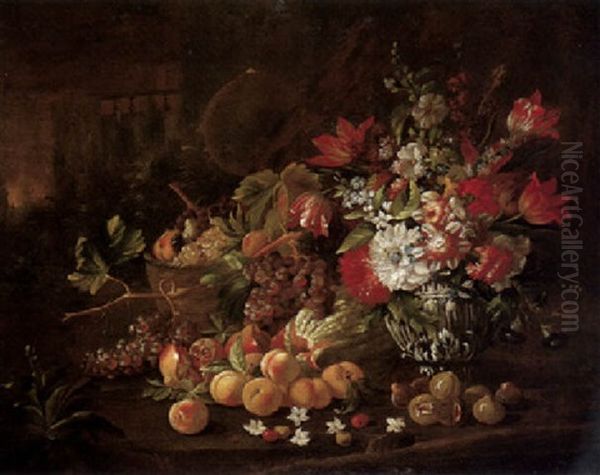 A Still Life Of Various Flowers In A Gilt Vase, A Basket Of Fruit, Grapes, Pomegranates, Peaches, A Melon, Figs And Cherries, All Set In A Landscape Oil Painting by Gaetano Cusati