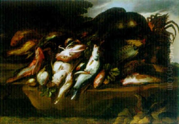 Still Life Of Sea Fish And Game Oil Painting by Gaetano Cusati