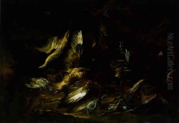 A Heron, Falcons, Duck And Other Dead Game On A Bank Beneath A Blasted Tre, Guarded By Two Hounds Oil Painting by Gaetano Cusati