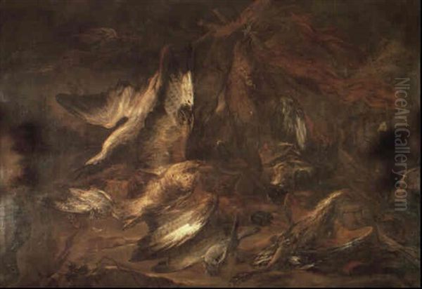 Spaniels With A Hunter's Catch Of Various Birds In A Wooded Landscape Oil Painting by Gaetano Cusati