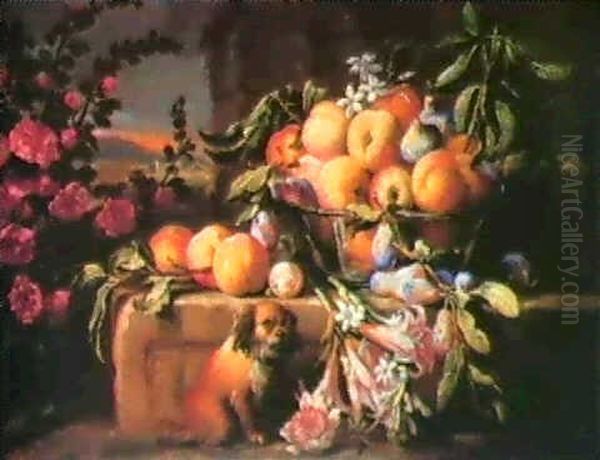 Nature Morte Aux Fleurs, Fruits Et Chien by Gaetano Cusati