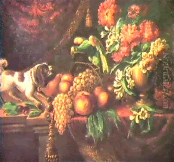 Vaso Di Fiori, Frutta, Cagnetto E Pappagallo In Un Interno Oil Painting by Gaetano Cusati