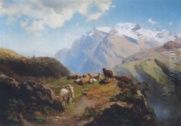 Schafer Mit Seiner Herde Auf Einer Hochalm Oil Painting by Edward L. Custer