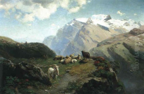 Schafer Mit Seiner Herde Im Gebirge Oil Painting by Edward L. Custer