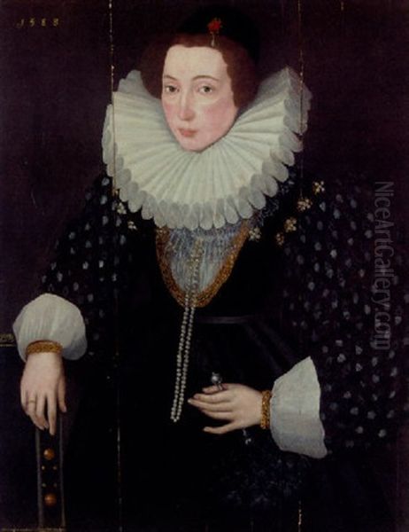 Portrait Of A Lady In A Black Dress With Gold Chain, Pearl Jewellery And White Ruff Collar, Holding A Fan In Her Left Hand Oil Painting by Hieronymus Custodis