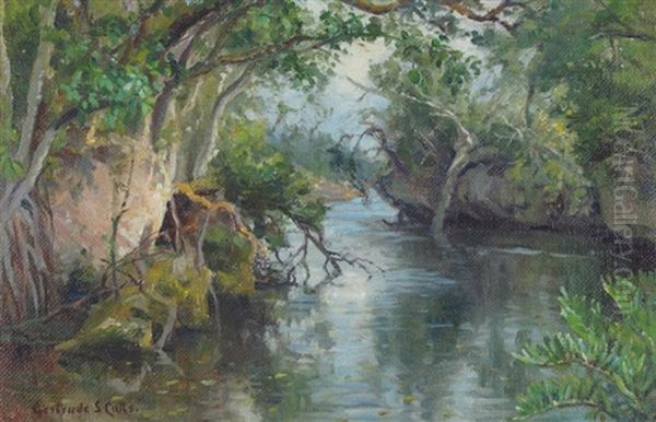 Wooded Stream (+ River Landscape; 2 Works) Oil Painting by Gertrude E. Spurr Cutts