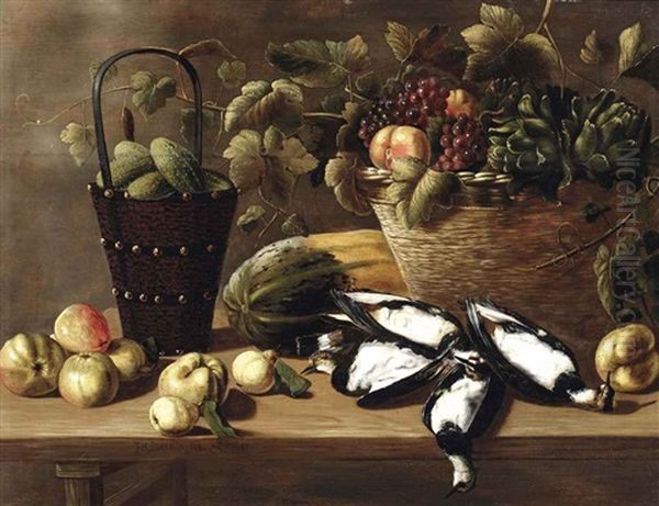 Apples, Pears, A Melon, A Bucket With Gherkins And A Basket With Grapes, Peaches And Artichokes, All On A Wooden Table With Four Lapwings Oil Painting by Johannes Cuvenes