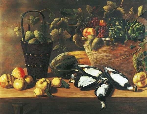 Stilleben Mit Fruchten, Gemusen Und Vogeln Auf Einem Holztisch Oil Painting by Johannes Cuvenes