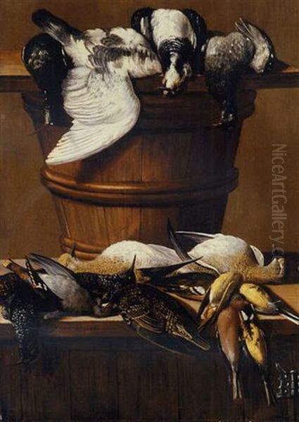 Finches, Tits, Starlings And Thrushes On A Cupboard, With Wood Pigeons Resting On A Pail by Johannes Cuvenes