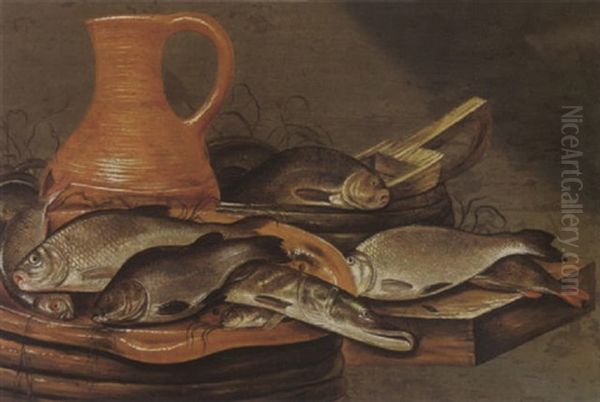 A Still Life With A Pike And Other Fish On A Strainer, With An Earthenware Jug, Fish And Other Utensils, All On A Wooden Ledge Oil Painting by Johannes Cuvenes