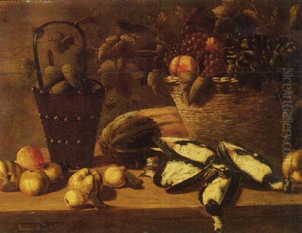 Grapes, Peaches And Artichokes In A Basket With Gherkins In A Bucket, A Melon, Dead Pigeons, Apples And Pears On Wooden Table by Johannes Cuvenes