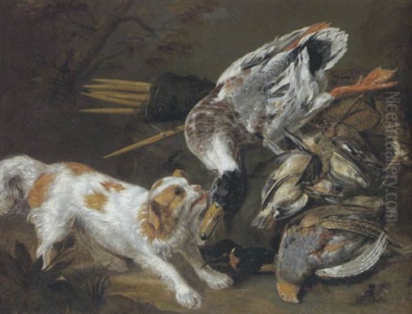 Jagdstilleben Mit Ente, Krammetsvogeln, Schnepfe Und Rebhuhnern, Bewacht Von Einem King Charles Hund Oil Painting by Frans van Cuyck