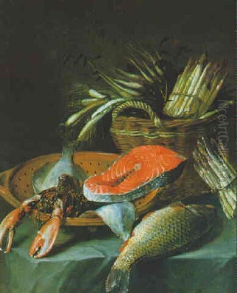 Stilleben Mit Spargel, Fischen Und Einer Lachsschnitte Oil Painting by Frans van Cuyck