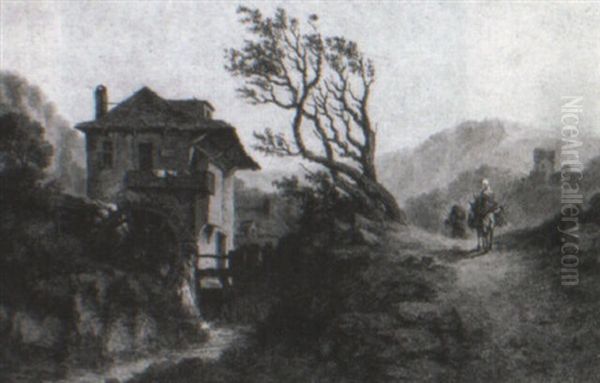 Taverners On A Road, A Watermill In The Foreground Oil Painting by Michiel Thomas Antoine van Cuyck