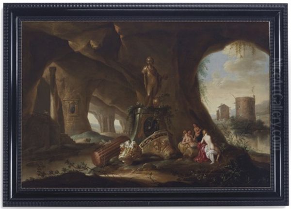 Nymphs In A Grotto (two Works) Oil Painting by Abraham van Cuylenborch