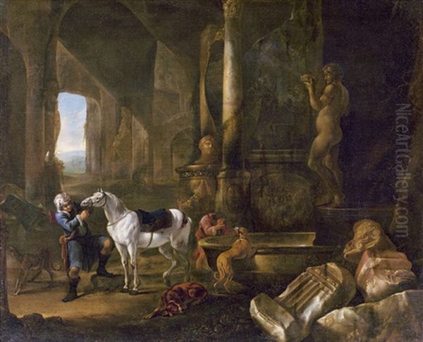 Reiter Mit Hunden Bei Der Rast In Einer Grotte Oil Painting by Abraham van Cuylenborch