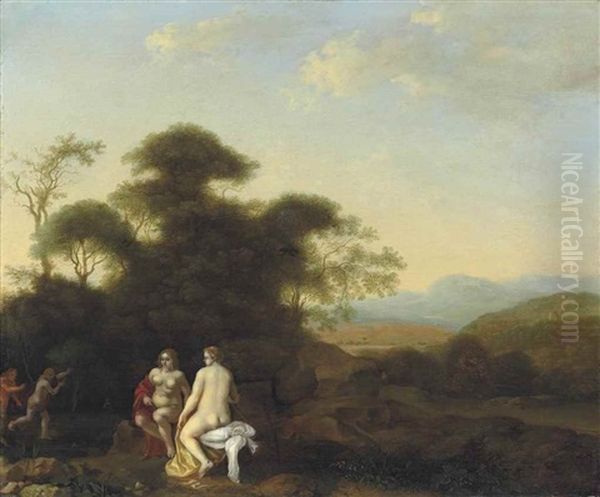 A Wooded Landscape With Nymphs Bathing, A Satyr Chasing A Nymph Beyond Oil Painting by Abraham van Cuylenborch