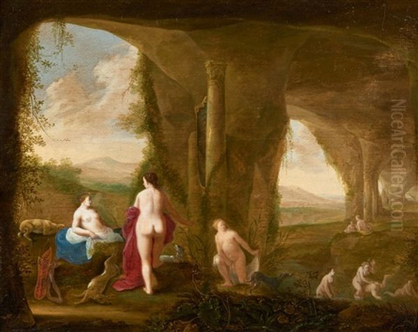 Badende Nymphen In Einer Grottenlandschaft Oil Painting by Abraham van Cuylenborch