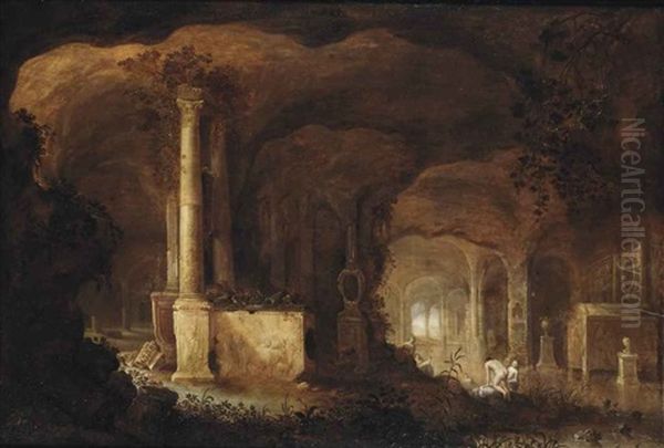 A Grotto With Bathing Women Oil Painting by Abraham van Cuylenborch