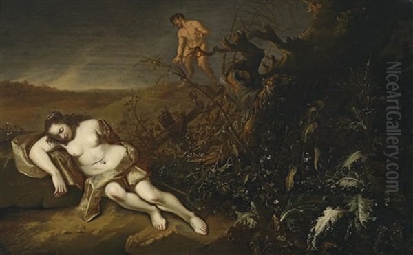 Eine Schlafende Nymphe Wird Von Einem Satyr Beobachtet Oil Painting by Abraham van Cuylenborch