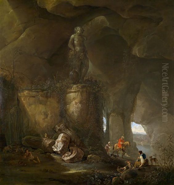 Eine Felsgrotte Mit Reisenden Und Einer Bacchusskulptur Oil Painting by Abraham van Cuylenborch