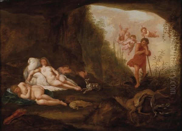 Die Schlafende Diana Mit Ihren Nymphen In Einer Grotte, Im Freien Der Hirt Endymion Und Vier Amoretten Oil Painting by Abraham van Cuylenborch