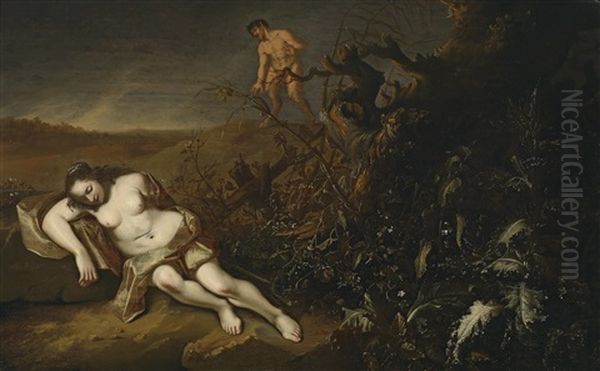 Eine Schlafende Nymphe Wird Von Einem Satyr Beobachtet by Abraham van Cuylenborch